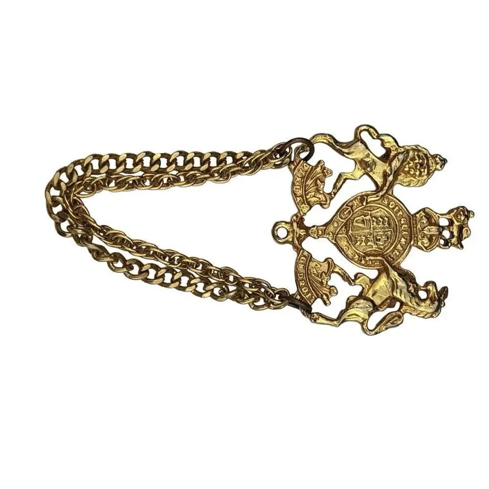 Vintage British Heraldic Double Chain Brooch Cloak Clasp Lion Crest